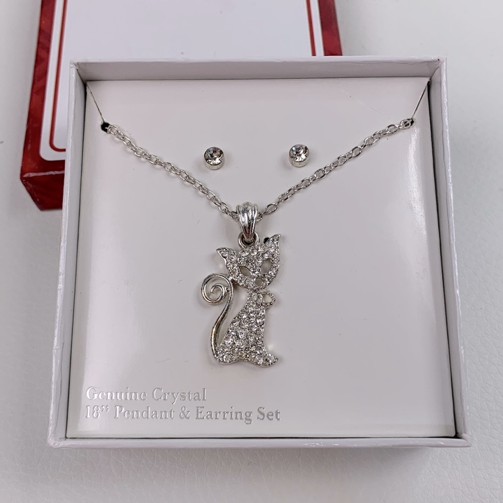 Crystal Cat Silver Pendant Necklace earring set 18” Silver tone Post Earring NWT